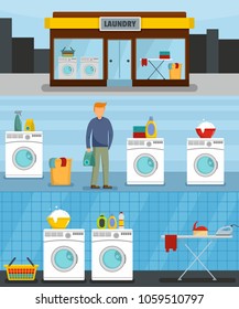 Laundry service banner concept set. Flat illustration of 3 laundry service vector banner horizontal concepts for web