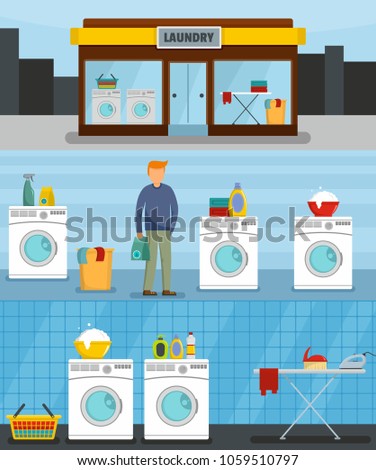 Laundry service banner concept set. Flat illustration of 3 laundry service vector banner horizontal concepts for web