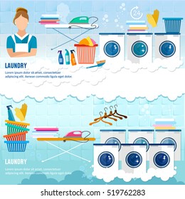 Laundry service banner dry cleaning clothes banner. Laundry room with washing machine, ironing board, clothes rack, household chemistry cleaning, laundry washing powder and basket 