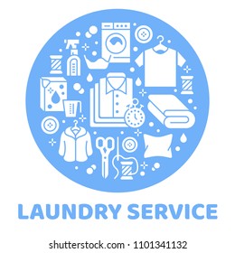 Laundry service banner illustration with flat glyph icons. Dry cleaning equipment, washing machine, clothing shoe leather repair, garment, shirts. Circle template signs launderette poster.
