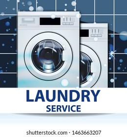 Laundry service banner or poster. Two washing machines. 3d realistic vector illustration. Front view, close-up, closed door.