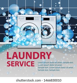 Laundry service banner or poster. Two washing machines front loading in empty laundry room background with soap bubbles. 3d realistic vector illustration. Front view, close-up, closed door.