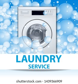 Laundry service banner or poster. Washing machine front loading background with soap bubbles. 3d realistic vector illustration. Front view, close-up, closed door.