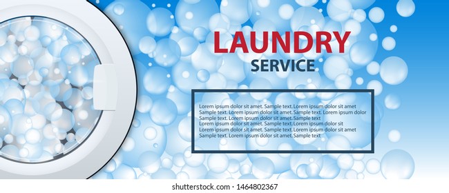 Laundry service banner or poster. Washing machine drum background with soap bubbles. 3d realistic vector illustration. Front view, close-up, closed door. Laundry detergent advertising.