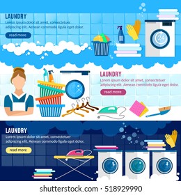 Laundry service banner, laundry room with facilities for washing clothes, laundry staff washing machine 