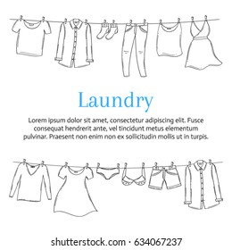 Laundry Service Banner Template With Male And Female Clothes Hanging On Clothesline, Hand Drawn Sketch, Vector Illustration.