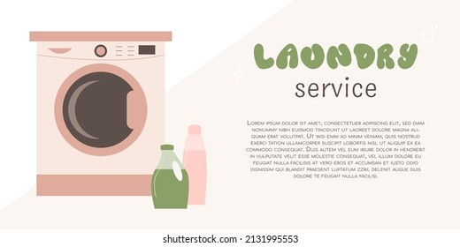 Laundry service banner template. Washing machine front and liquid detergents. Flat vector illustration