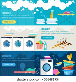 Laundry service banner, washing machine, ironing clothes, laundry room interior 