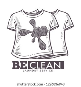 El servicio de lavandería debe ser limpio, camisetas sucias lavando el vector de logotipo aislado. Esbozo monocromo limpiar lavandería pública, limpieza profesional del lugar público de las camisas, blanqueamiento de la ropa