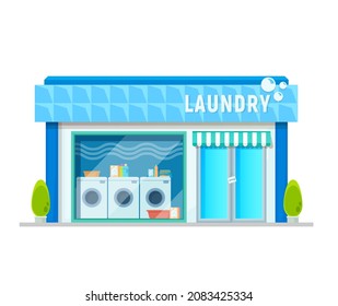 Laundry service building, laundromat or washing shop vector icon. Clothes cleaning room and laundry washing store with washers and dryer machines, business and commercial architecture