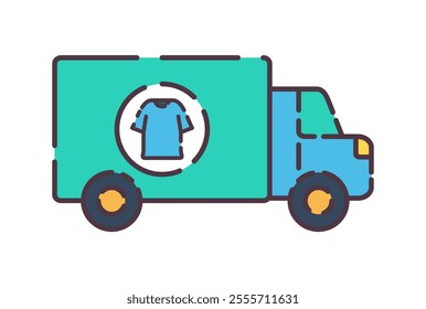 Laundry service car icon illustration. Flat line color icon of a delivery truck with a shirt logo, symbolizing clothing transportation. ideal for laundry illustrations. Colored outline icon.