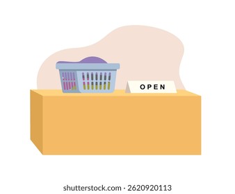 Laundry service. Laundry cashier. Clothes basket. Laundry basket. Clean linen. Table. Laundry store.