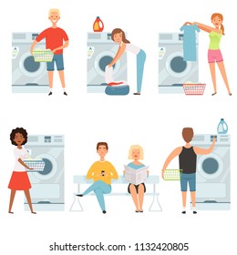 Laundry service characters. Vector mascot design. Man and woman waiting washer machine illustration