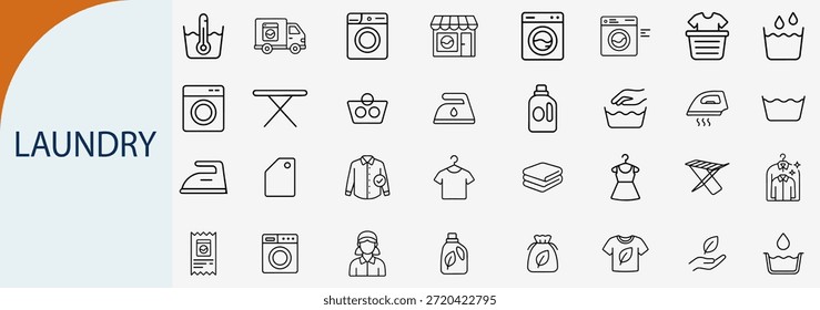 Servicio de lavandería y conjunto de cuidado de ropa, iconos de vector de contorno, estilo de línea negra