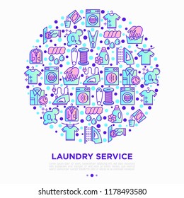 Laundry service concept in circle with thin line icons: washing machine, spin cycle, drying machine, fabric softener, iron, handwash, ozonation, clothepin. Vector illustration, print media template.