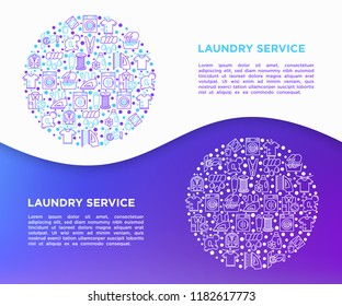 Laundry service concept in circle with thin line icons: washing machine, spin cycle, drying machine, fabric softener, iron, handwash, steaming, ozonation. Vector illustration, print media template.