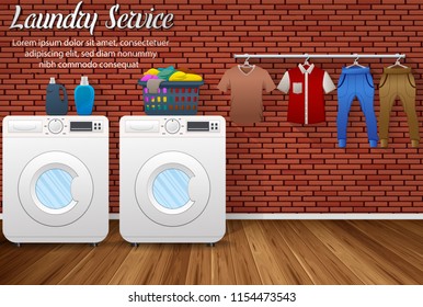 Laundry service design with washing machines and drying clothes on brick wall background