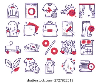 Laundry service doodle icon set vector isolated. Collection of hand-drawn icons for dry cleaning service. Clean carpet, curtains and fur clothing. Washing machine and detergent.
