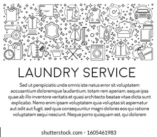 Laundry service or dry cleaners line icons banner, clothes washing
