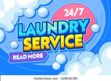 Laundry Service Dry Clothing Textiles Typography Banner. Washing Water Containing Detergents or other Chemical, Agitation, Rinsing and Pressing in Communal Setting. Flat Cartoon Vector Illustration