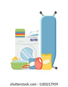 Laundry service elements. Washing machine, detergents, basin, sponge iron, ironing desc and clothes vector illustration isolated on white background.