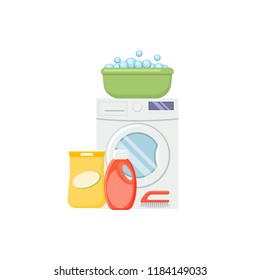 Laundry service elements. Washing machine, detergents and basin vector illustration isolated on white background.