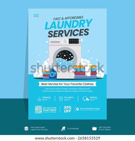 Laundry Service Flyer Template Design. Dry cleaner Poster brochure design, Vector Editable and Print A4 size flyer design.