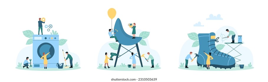 Laundry service, furniture and shoes making set vector illustration. Cartoon tiny people assembly wood chair with diy tools, wash clothes with detergent in washing machine, repair huge footwear