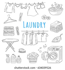 Laundry Service Hand Drawn Doodle Icons Set, Vector Illustration. Washing, Drying And Ironing Symbols, Washing Machine, Laundry Basket, Clothes Hanging On Hangers, Iron, Pile Of Clothing, Clothespins.