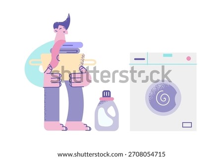Laundry service and housework concept. Young smiling man cartoon character standing holding basket with dirty clothes near washing machine for making laundry vector illustration