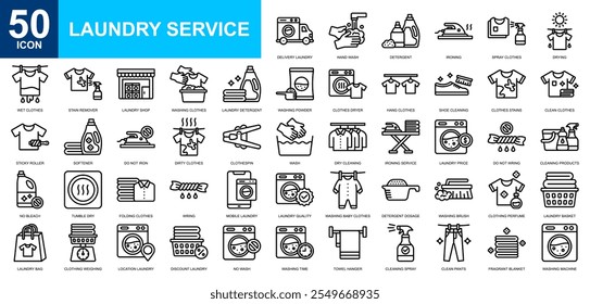 Laundry Service icon collection set. Public service, cleaning, ironing clothes, laundry shop, community needs icon. Simple line vector.