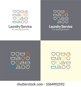 Laundry Service Icon And Logo. Vector Illustration. Playful Logo Featuring Small Icons Related To Laundry And Dry Cleaning But With A Heart Icon Included.