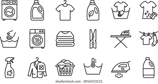 Laundry service icon set with washing machine and cleaning supplies detergent clothing household