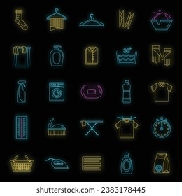 Laundry service icons set. Outline illustration of 25 laundry service vector icons neon color on black