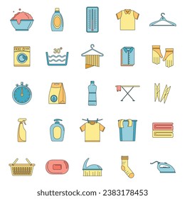 Laundry service icons set. Outline illustration of 25 laundry service vector icons thin line color flat on white