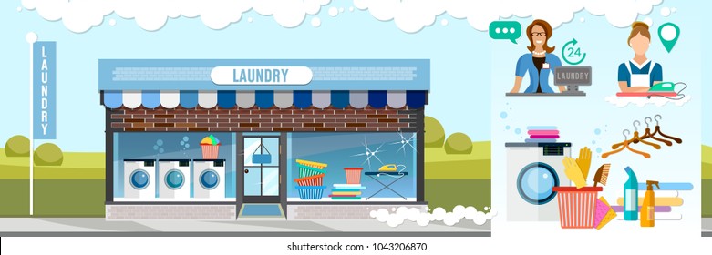 Laundry service infographic, interior. Laundry room, washing machine clothes vector 