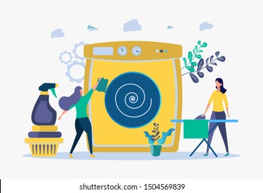 Laundry service, ironing, washing machine. The concept of cleaning and restoration services, dry cleaning and laundry, laundry services. Colorful vector illustration