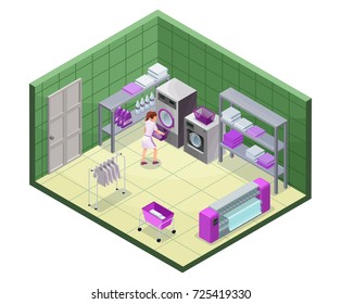 Laundry service isometric 3d illustration with washing and ironing machines, laundress, baskets, detergent, vector interior of clothes cleaning service