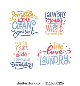 Laundry Service Labels Set, Dry Cleaning Laundry Room Vintage Hand Drawn Badges with cute lettering texts. Color hand drawn Vector Illustration