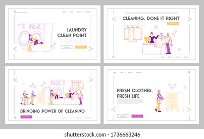 Laundry Service Landing Page Template Set. Male and Female Characters Loading Dirty Clothes to Washing Machine in Public Launderette, People Ironing Clothes, Rolling Cart. Linear Vector Illustration