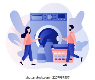 Laundry service. Laundromat, home appliance, housekeeping concept. Tiny people laundry in washing machine. Modern flat cartoon style. Vector illustration on white background