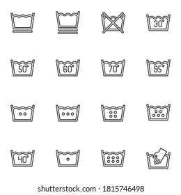 Juego de iconos de línea de servicio de lavandería, colección de símbolos vectoriales de instrucciones de lavadora, paquete de pictogramas de estilo lineal. Señales, ilustración del logotipo. Set incluye iconos como temperatura del agua, lavado de manos
