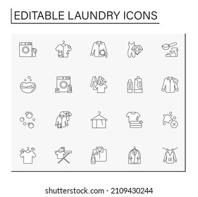 Laundry service line icons set. Washing, ironing and drying clothing. Cleaning service. Householding.Laundry service concept. Isolated vector illustrations.Editable stroke