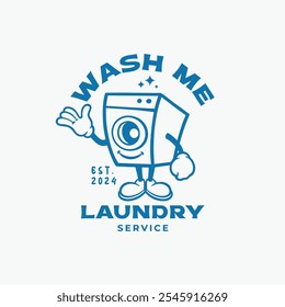 Serviço de lavandaria modelo de design de logotipo com máquina de lavar personagem de desenho animado
