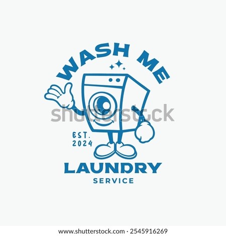 Laundry service logo design template with washing machine cartoon character