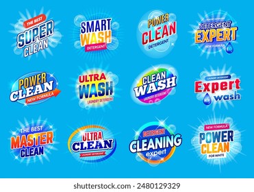 Laundry service logo. Soap detergent new formula badges for package design recent vector templates with place for text