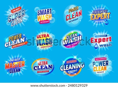 Laundry service logo. Soap detergent new formula badges for package design recent vector templates with place for text
