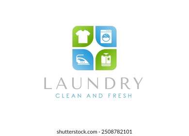 Laundry service logo template. Washing machine, clothes, iron, and folded clothes icon