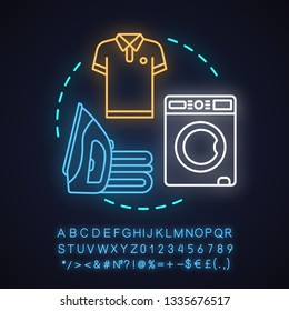 Laundry service neon light concept icon. Dry cleaning idea. Washing machine, shirt, iron with sheets. Glowing sign with alphabet, numbers and symbols. Vector isolated illustration