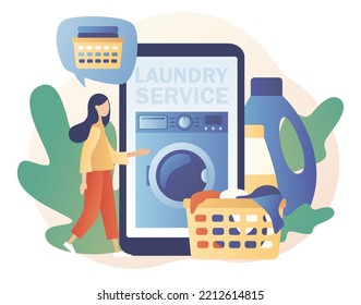 Laundry service online in smartphone app. Washing machines. Laundromat, home appliance, housekeeping concept. Modern flat cartoon style. Vector illustration on white background